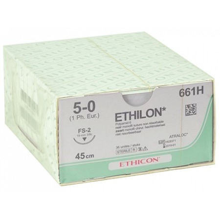 Sutura non assorbibile ethicon ethilon 661h con ago 3/8 da 19mm usp 5/0 nero - confez. da 1 sutura