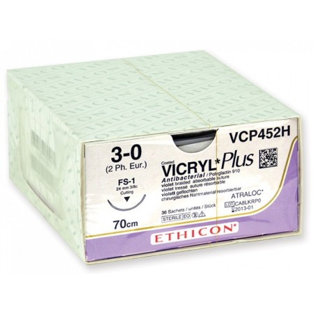 Sutura assorbibile in 56-70 giorni ethicon vicryl plus vcp452h - 3/0 ago 24 mm - confez. da 1 sutura