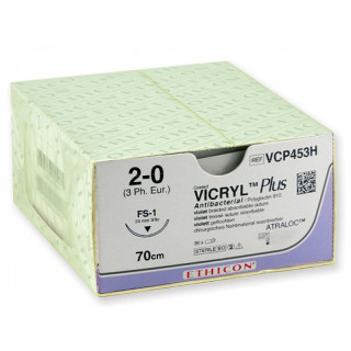 Sutura absorbible ethicon vicryl plus en 56-70 días vcp453h - aguja 2/0 24 mm - paquete de 1 sutura